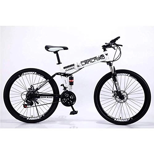 Falträder : SANLDEN Unisex Mountainbike mit Zwei Federn 26 Zoll Stahlrahmen mit hohem Kohlenstoffgehalt 21 / 24 / 27 Geschwindigkeit Faltrad mit Doppelscheibenbremse, White, 21Speed
