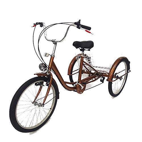 Falträder : SHIOUCY 24" 3 Rad Erwachsene Dreirad mit Lampe, 6 Geschwindigkeit Fahrrad Trike, Gold Korb Dreirad Pedal Warenkorb Lastenfahrrad, Versand aus Deutschland