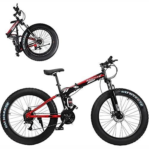 Falträder : UYHF 26-Zoll Faltendes Fettes Reifen-Mountainbike Für Strand-Schnee, 21 Geschwindigkeit Vollgefederte Doppelscheibenbremsen Rahmen Aus Kohlenstoffstahl red-24 Speed