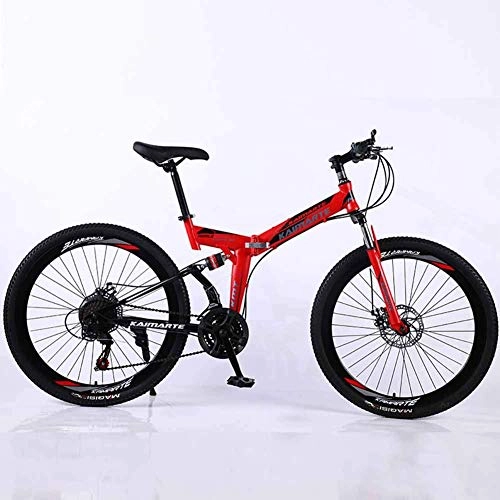 Falträder : WEHOLY Fahrrad-Mountainbike, 21-Gang-Faltrad mit Doppelfederung, mit 26-Zoll-Speichenrad undDoppelscheibenbremse, für Männer und Frauen, Rot, 27-Gang