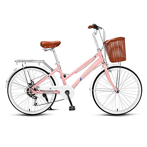 Falträder : XUELIAIKEE 24 Inch Womens Fahrrad Aluminium Cruiser Bike 6 Geschwindigkeit V Bremsen Straße City Fahrrad Leichtgewicht Pendler Damen Fahrrad Mit Retro Korb-Rosa 6 Geschwindigkeit