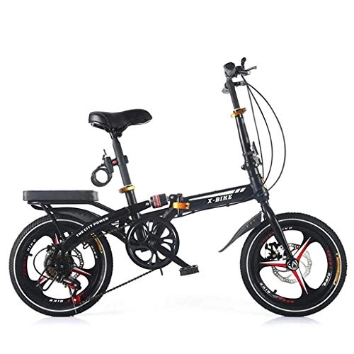 Falträder : YANGMAN-L Faltrad Pendler, mit Gepäckträger Folding 6 Speed ​​Bike City High Kohlenstoffstahl Scheibenbremse, 16-Zoll-Räder, Schwarz