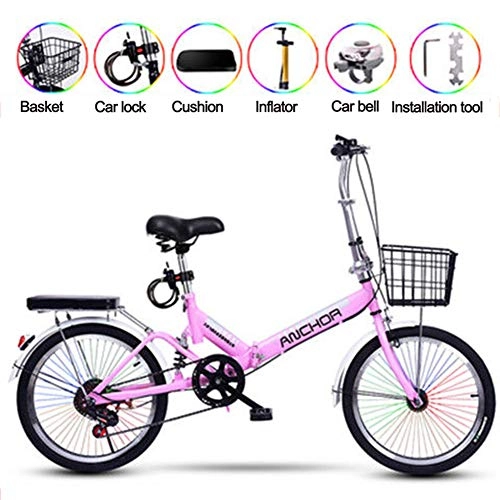 Falträder : YTDHBLK 20 Zoll Klapprad, Falt-Fahrrad 6-Gang Kettenschaltung mit Gepäckträger, Fahrrad ultraleichte tragbare, Erwachsene Männer und Frauen / Pink