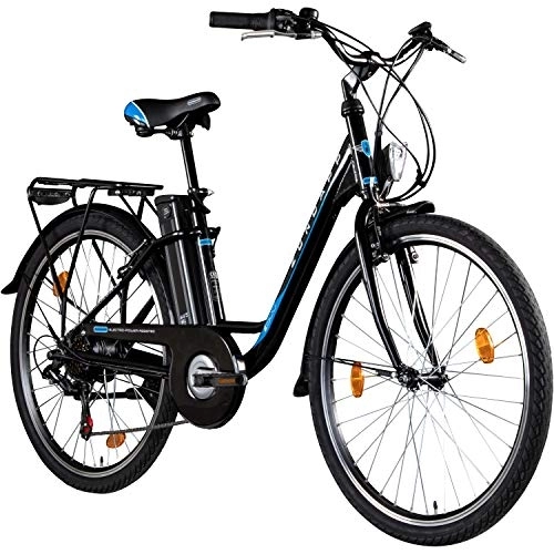 Falträder : ZÜNDAPP Z505 City E-Bike Damen 26 Zoll | Citybike mit 6 Gang Schaltung Pedelec | für 150-185 cm | Bike mit StVZO Beleuchtung und Gepäckträger (schwarz, 43 cm)