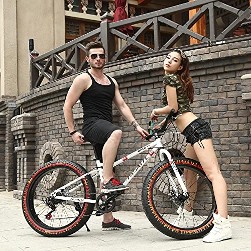 Mountainbike : Adult Snowmobile Variable Speed Mountain Bike, Wide Tire Bicycle Men's Beach Bikes, High Carbon Steel Frame Double Disc Brake Off-Road Bicycle-Weiß_26-Zoll X17 Zoll