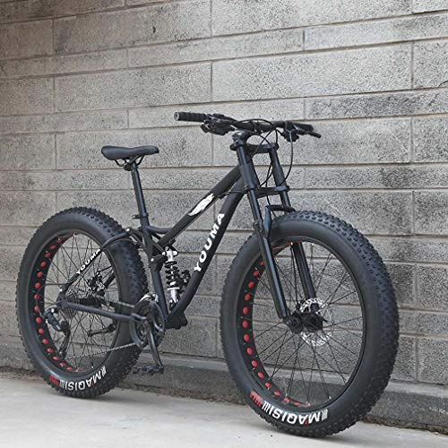 Mountainbike : AISHFP 26 Zoll-Männer Fat Tire Mountain Bike, Strand Schnee Bikes, Doppelscheibenbremse Cruiser Fahrrad, Leichte High-Carbon Stahlrahmen, Aluminiumleichtmetallfelge, Schwarz, 27 Speed