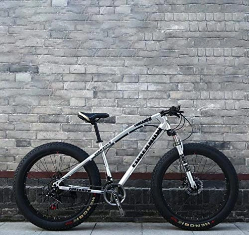 Mountainbike : AISHFP Fat Tire Mountain Bike Herren, Beach Bike, Doppelscheibenbremse Cruiser Bikes, 4.0 breite Räder, Erwachsene 24 Zoll Schnee Fahrrad, Silber, 7 Speed