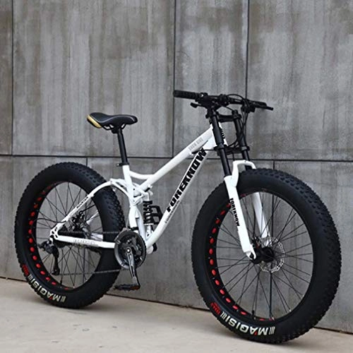 Mountainbike : AISHFP Mens 24 Inch Fat Tire Mountain Bike, Strand Schnee Bikes, Doppelscheibenbremse Cruiser Fahrrad, Alufelgen Leichte High-Carbon Stahlrahmen, Weiß, 27 Speed