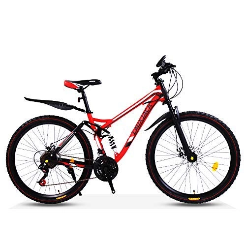 Mountainbike : AZYQ 26-Zoll-Mountainbikes, Mountainbike für erwachsene Studenten mit Doppelscheibenbremse, All-Terrain-Bikes aus kohlenstoffhaltigem Stahl, Doppelfederung, schwarz 6 Speichen, 21-Gang, Rote Speichen,