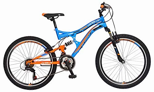 Mountainbike : breluxx 24 Zoll Mountainbike Kinderfahrrad Vollfederung Goblin Sport blau, 18 Gang Shimano - Modell 2019