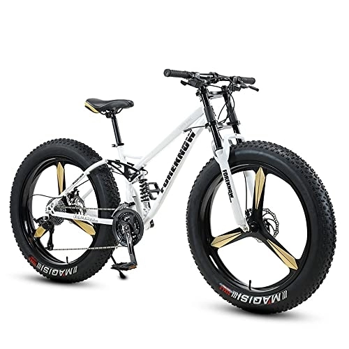 Mountainbike : Dickrad-Mountainbike mit Rahmen aus kohlenstoffreichem Stahl, Fat Tire Mountain Trail-Fahrrad für Erwachsene, Herren-Mountainbike mit Doppelfederung, Doppelscheibenbremse, Weiß, 26 Zoll, 21 Geschwin