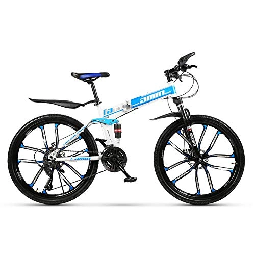 Mountainbike : DJP Mountainbike, Möbel Faltbare Mountainbikes, Ultraleichtes Tragbares Carbike Permanentbike Fahrrad Erwachsene Männer, High-Carbon Stahl Mountainbike Blue-10 Speiche 26 ', 27 Geschwindigkeit, Blau-1