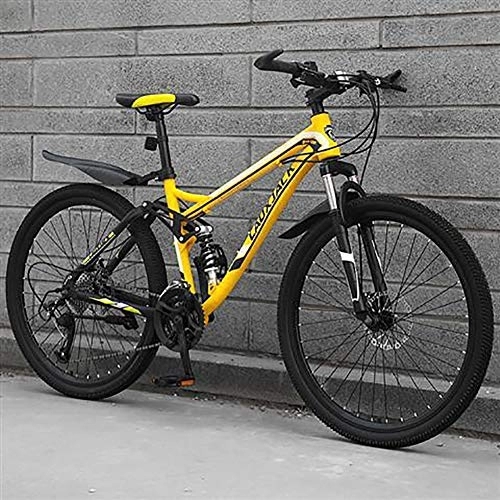 Mountainbike : DULPLAY Mountainbike, Stahl mit hohem Kohlenstoffgehalt, für Männer und Frauen (außen), Rennrad, Mountainbike, Doppelscheibenbremse, komplett, Fahrrad, gelb, 24 Zoll 27 - Geschwindigkeit