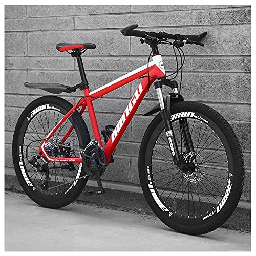 Mountainbike : FHKBK 26-Zoll-Mountainbikes für Herren, Hardtail-Mountainbike aus Kohlenstoffstahl, Mountainbike mit Vorderradaufhängung und verstellbarem Sitz, Doppelscheibenbremse, 21-Gang, rote Speic