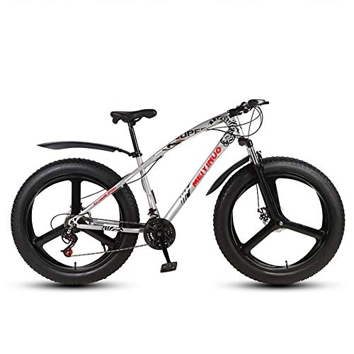 Mountainbike : FXMJ Fat Tire Herren Mountainbike, Doppelscheibenbremse / Cruiser Bikes, Beach Snowmobile Fahrrad, 26 Zoll Aluminium Leichtmetallfelgen, 27 Speed 3 Speichen, Silber