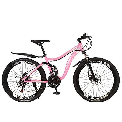 Mountainbike : FXMJ Mountainbike, 26 Zoll 27-Gang Doppelscheibenbremsräder mit Rahmen aus kohlenstoffhaltigem Stahl, MTB mit Vollfederung, Magnesiumrad, Pink