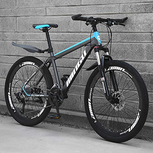 Mountainbike : HAOYF Mountainbike 24 / 26 Zoll, 21-30 Geschwindigkeitsoptionen, Rahmen Aus Kohlenstoffhaltigem Stahl, Beachcruiser Mit Doppel Scheibenbremse Und Federgabel, Mehrere Farben, Blau, 24 Inch 24 Speed