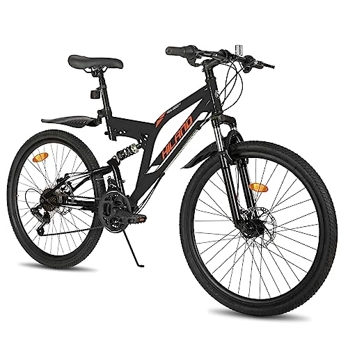 Mountainbike : Hiland 26 Zoll Mountainbike Rad Vollfederung Mountain Bike Fully Shimano 21 Gang Fahrrad mit Rahmenpaket Schutzblech Federgabel Scheibenbremsen MTB für Herr Damen Jungen Mädchen schwarz orange