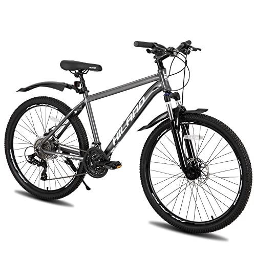 Mountainbike : Hiland 27, 5 Zoll Mountainbike aus Aluminium, Federgabel, 24 Gänge Schaltung, mit Shimano-Scheibenbremse MTB Fahrrad Jugendliche Herren Damen Grau