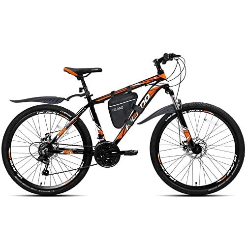 Mountainbike : Hiland Mountainbike MTB 26 Zoll mit Rahmentasche Aluminiumrahmen Scheibenbremse Speichenräder Jugendliche Fahrad Herr Damen Jungs Schwarz&Orange