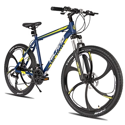 Mountainbike : HILAND Mountainbike MTB 26 Zoll mit Shimano 21 Gang Aluminiumrahmen Scheibenbremse Federgabel Jugendliche Fahrrad Mädchen Jungs blau 6 Speichenräder