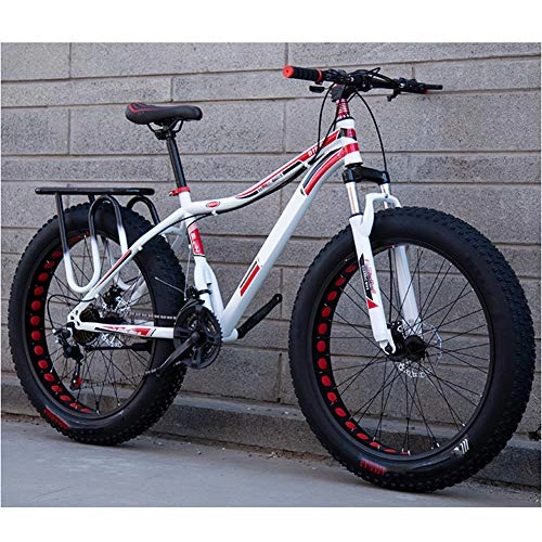Mountainbike : HWOEK Erwachsene Schnee Beachbike, Doppelscheibenbremse 24 / 26 Zoll All-Terrain-Mountainbike 4, 0 Fette Reifen Verstellbarer Sitz, White red, A 21 Speed