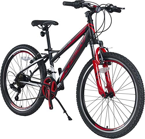 Mountainbike : KRON Vortex 4.0 Hardtail Jugend Kinder Fahrrad 20 Zoll von 6-9 Jahre | 21 Gang Shimano Schaltung, V-Bremse, Federgabel, 11 Zoll Rahmen | Kids Mountainbike MTB | Schwarz Rot
