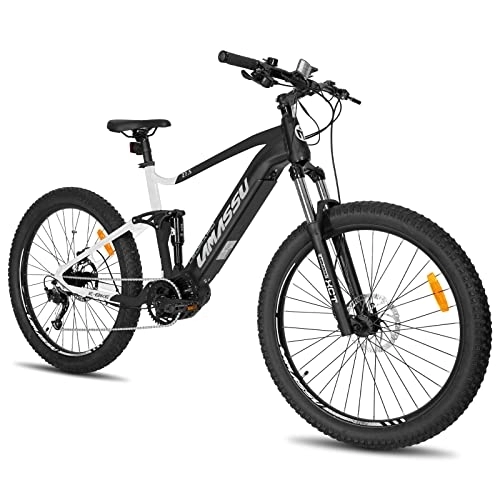 Mountainbike : LAMASSU 27, 5 Zoll Elektrofahrrad Softtail Mountainbike E-MTB 498mm Aluminiumrahmen hydraulische Federgabel Scheibenbremsen Shimano hinten 9-Gang-Mittelmotor 14Ah Batterie LCD-Zähler Schwarz