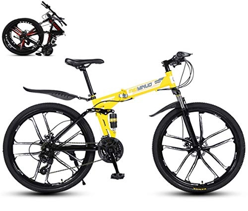 Mountainbike : min min 26"21-Gang-Mountainbike für Erwachsene, Klappfahrrad, Leichter Aluminium-Voll-Federungsrahmen, Federgabel, Scheibenbremse, 10 Laufrad (Color : Yellow)