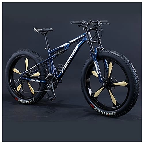 Mountainbike : NENGGE Mountainbike Fatbike 26 Zoll Mountainbike, 7 / 21 / 24 / 27 / 30 Gang-Schaltung Erwachsene Fette Reifen Fahrrad, Rahmen Kohlenstoffstahl, Herren Damen Vollfederung Bike, Blue 5 Spoke, 21 Speed