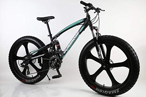 Mountainbike : Pakopjxnx 26 inch Mountain Bike 4.0 tire Mountain Bicycle high Carbon Steel Bike Beach Snow Bicycle, 26 inch Black Green, 7 Speed