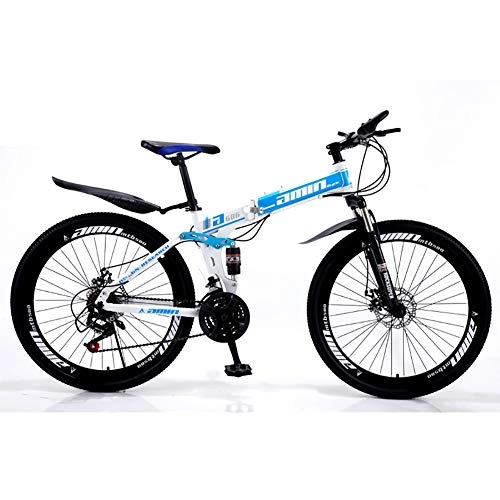 Mountainbike : Unisex Mountainbike mit Zwei Federn 21 / 24 / 27 / 30 Geschwindigkeit Stahlrahmen mit hohem Kohlenstoffgehalt 26 Zoll Faltrad mit Doppelscheibenbremse, Blue, 27Speed