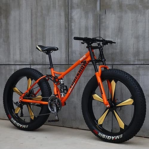 Mountainbike : UYHF 26"Mountainbikes, Erwachsene Fat Tire Mountain Trail Bike 21 / 24 / 27 Speed Fahrrad Kohlenstoffstahlrahmen Dual Full Suspension Dual Disc Brake orange- 27 Speed