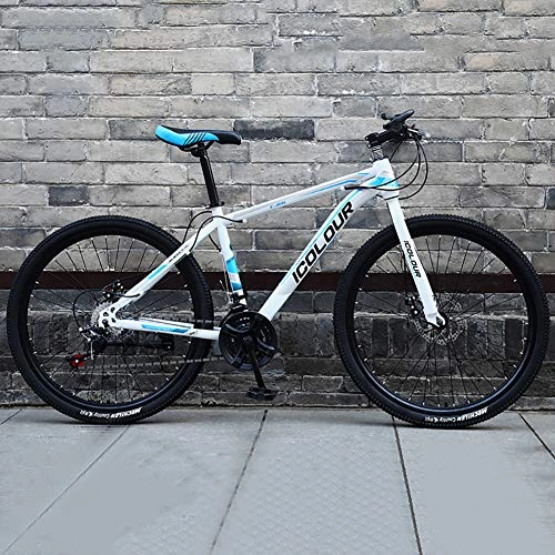 Mountainbike : WSZGR Fahrrad Mit Einstellbar Memory-Schaum Sitz, Männer's Mountainbike, Hoch-kohlenstoffstahl Hardtail MTB Weiß Und Blau 26", 21-Gang