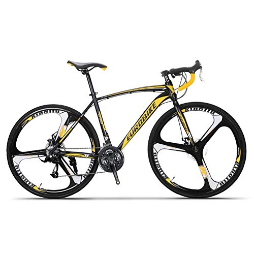 Rennräder : FXMJ 26 Zoll Rennrad, vollgefedertes Rennrad aus Kohlenstoffstahl mit 21 / 27-Gang Scheibenbremse, für Fortgeschrittene bis Fortgeschrittene, 700c, Black Yellow, 21 Speed