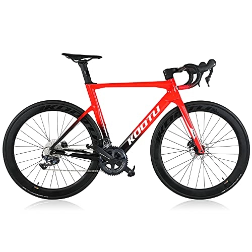 Rennräder : KOOTU Rennrad für Erwachsene T800 Carbon Rahmen Rennrad, 700C Rennrad mit Shimano ULTEGRA R8020 Hydraulische Scheibenbremse 22 Geschwindigkeiten Fahrrad, 28C Reifen und Fizik Sattel (Rot, 51cm)