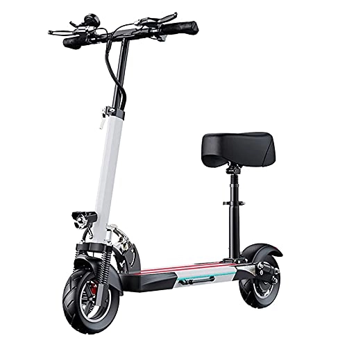 Electric Scooter : Electric Scooter, Adult E-Scooter with Seat, Foldable Scooter with LCD display, 10 inches Pneumatic Tires, Front and rear power-off disc brakes, Maximum Load 200KG, White, Cruising range 50~60km
