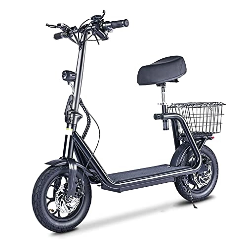 Electric Scooter : LuvTour Electric Scooters Adult with Seat Basket 48V / 500W Folding E-Scooter with 3 Speed Modes up to 40Km / h Range 35Km, 12 inch Pneumatic Tire, City Scooter for Commuter Student Housewife