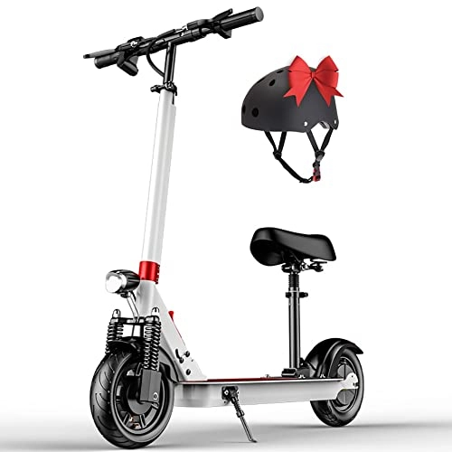 Electric Scooter : ZQD Electric Scooter For Adults, Foldable Electric Scooter With Seat And Dual Braking System For Commute And Travel - Up To 22 Miles Range & Up To 18.6 MPH - 10" Solid Tires (Color : White)