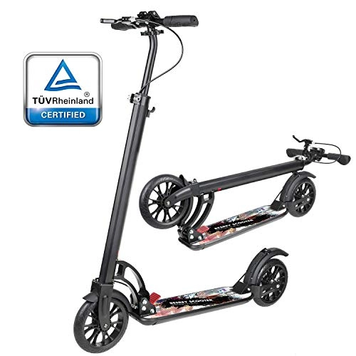 Scooter : besrey Kick Scooter for Adults / Teens with Hand Brake 220 lbs Max Load, Foldable Kick Scooter with 200mm Big Wheels and Shoulder Strap for Age 8 Year Up