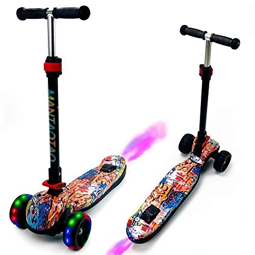 Scooter : BYOUQ Foldable Graffiti Kick Scooter With Music Spray Boys Girls 3 Wheel Scooter, 3 Height Adjustable LED Flash Wheel Extra Wide Deck Non-slip Self Balancing Scooters 3~8 Years Old Kids