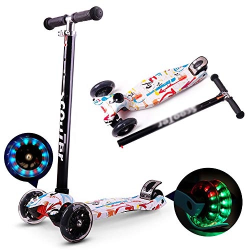 Scooter : BYOUQ Removable Graffiti Kick Scooter Boys Girls 3 Wheel Scooter, 3 Height Adjustable Pu Flash Wheels Extra Wide Deck Best Gifts Non-slip Self Balancing Scooters For 3~8 Years Old Kids