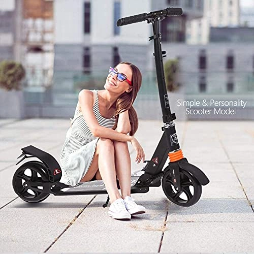 Scooter : Hesyovy Lightweight Scooter T-Style Sturdy Aluminium Alloy Foldable Height Adjustable Big Wheel 195 mm Wheels City Scooter for Adults (Black)