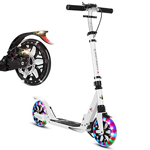 Scooter : LXLA Deluxe Kick Scooter for Adults / Kids, Folding Dual Suspension Push Scooter with Flashing Big Wheels and Hand Brake, Adjustable Height, Load 150 Kg (Color : White)