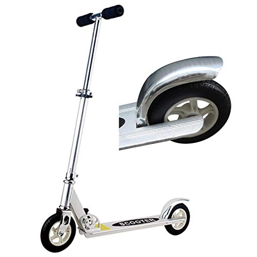 Scooter : LXLA Silver Adult Kick Scooter with Rubber Big Wheels, Portable Folding Glider Scooter, Adjustable Handle Bars & Rear Fender Brake, Birthday Gifts for Kids 8 Years Old and Up