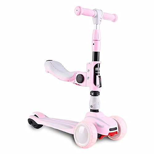 Scooter : SJZD Folding scooter, children's scooter with seat, three-wheel scooter with LED lighting, extra-wide deck, suitable for boys and girls aged 1-12 (pink)