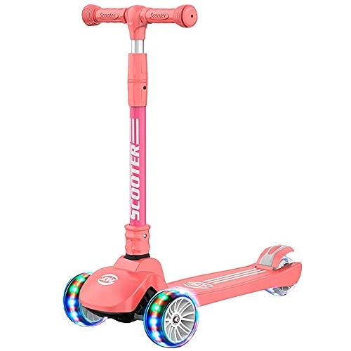 Scooter : WHOJS Wheel Scooter 3-wheel children's scooter With flashing wheel Collapsible Height adjustment Suitable for over 3 years old Boy and girl Lightweight Construction(Color:Pink)
