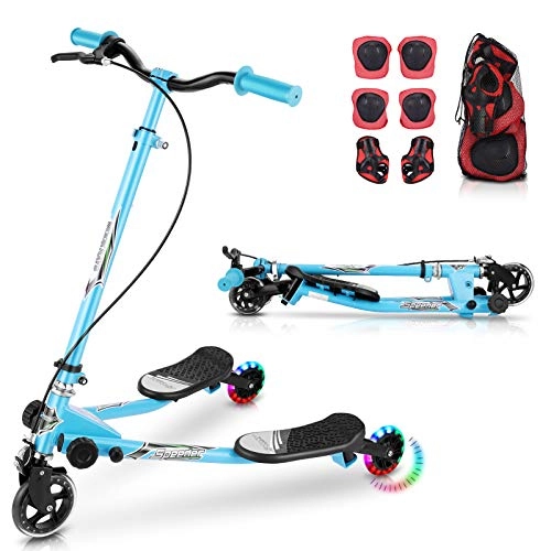 Scooter : WOOKRAYS Swing Scooter, 3 Wheels Foldable Wiggle Scooter Tri Slider Kick Speeder Push Scooter with LED Lights, Adjustable Handle for Kid Ages 5 Years Old and Up