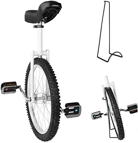 Monocycles : 16 / 18 / 20 / 24"Roue Trainer Monocycle Hauteur Réglable Skidproof Mountain Tire Balance Cycling Exercise, with Monocycle Stand, Wheel Monocycle, White, 16inch