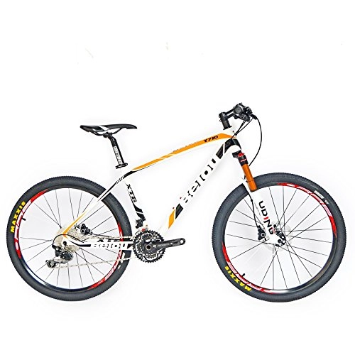 Vélos de montagnes : Beiou VTT en fibre de carbone Shimano M610 Deore 30 Vitesses Ultra-léger 10, 65 kg RT 26 Câble interne de routage professionnel Toray T800 Moyeux en carbone brillant CB018, White Orange, 43 cm